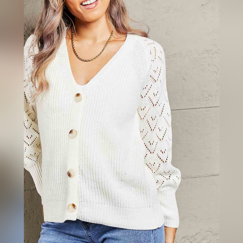 Charli Rib-Knit Raglan Cardigan - White - Picture 8 of 11